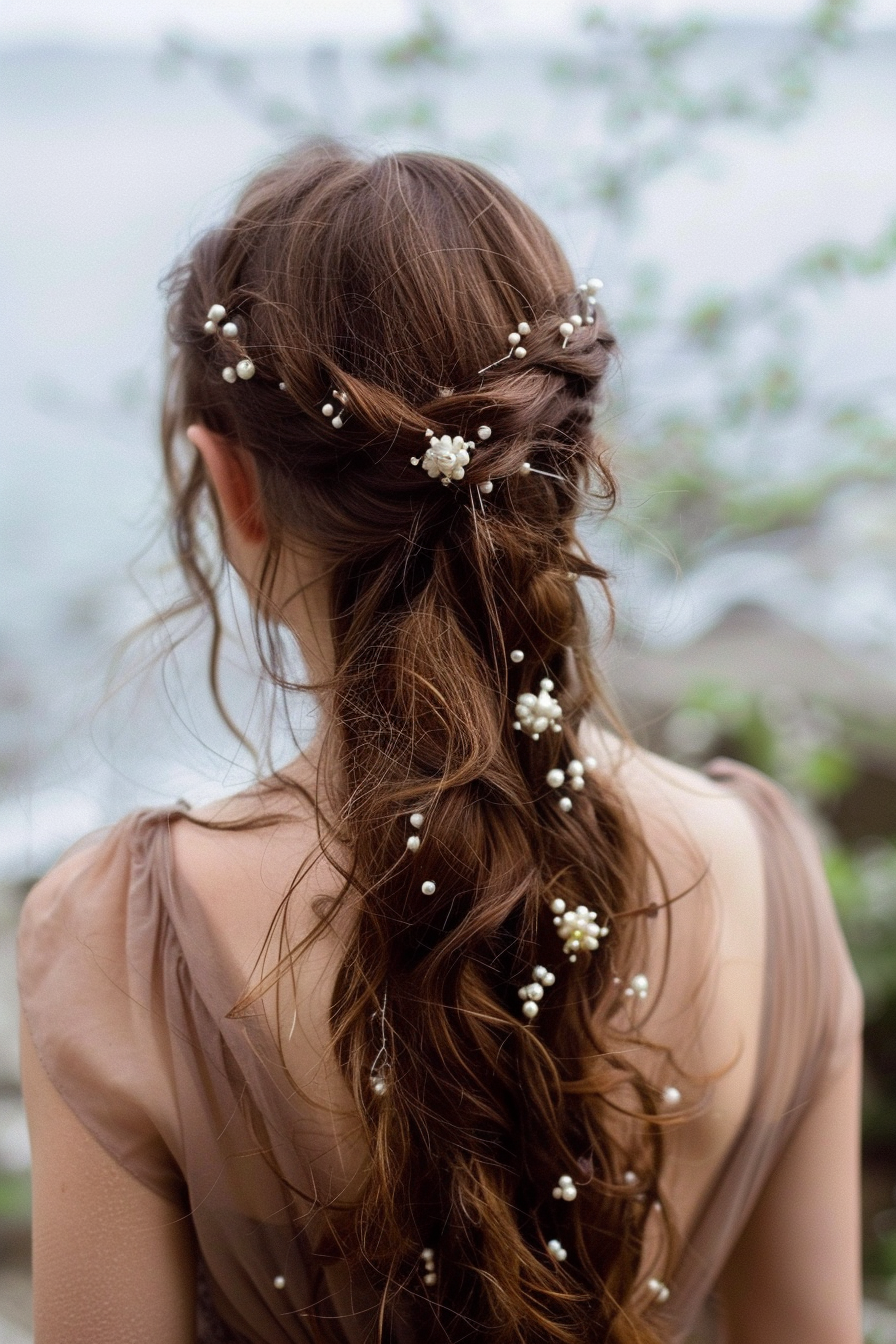 Long wavy hairstyle. Chocolate brown hair with white pearl hairpins