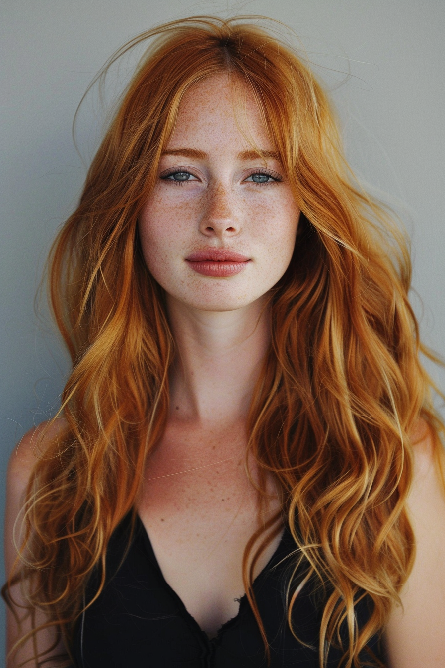 Strawberry blonde hair woman hairstyle. Loose bohemian waves.