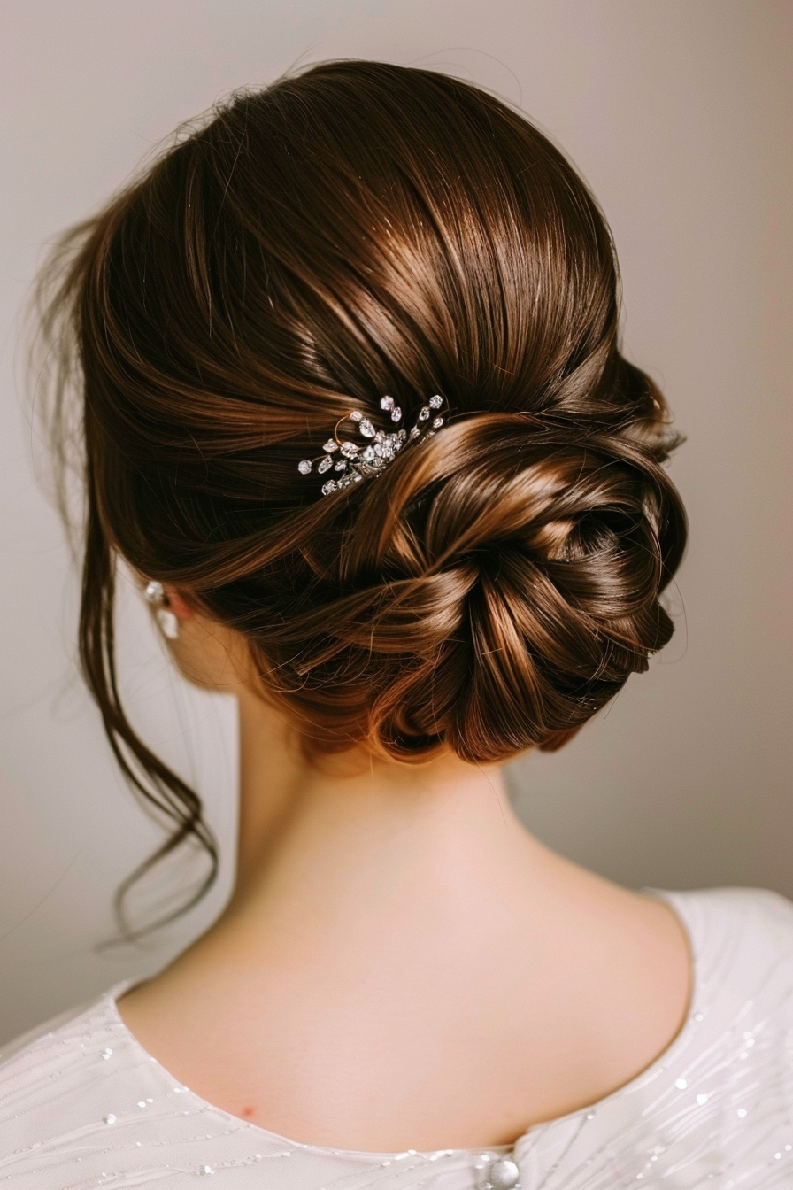 Prom updo woman hairstyle. Long brunette hair sleek chignon with crystal hairpins.