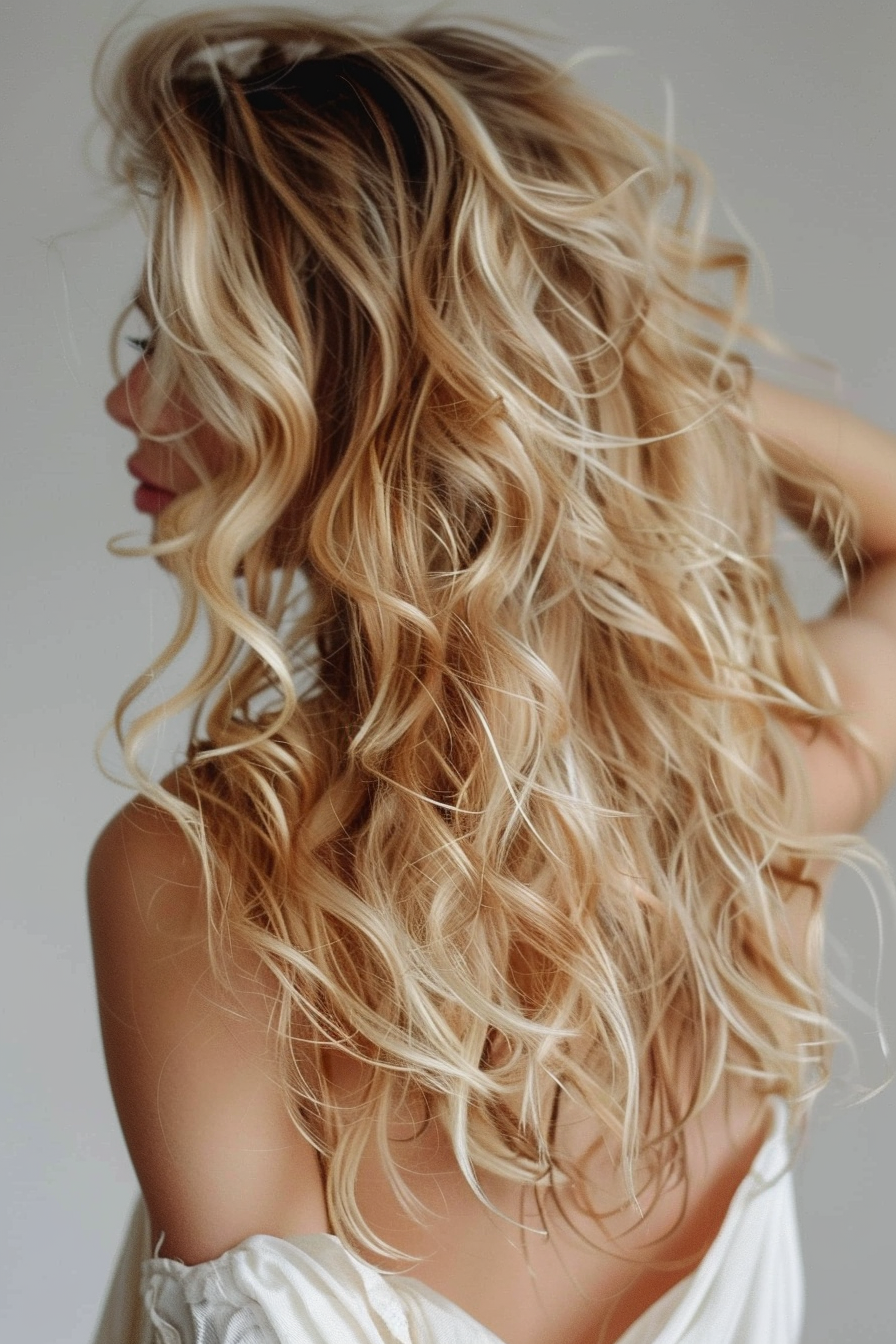 Dirty blonde hairstyle. Loose curls tumbling down shoulder.