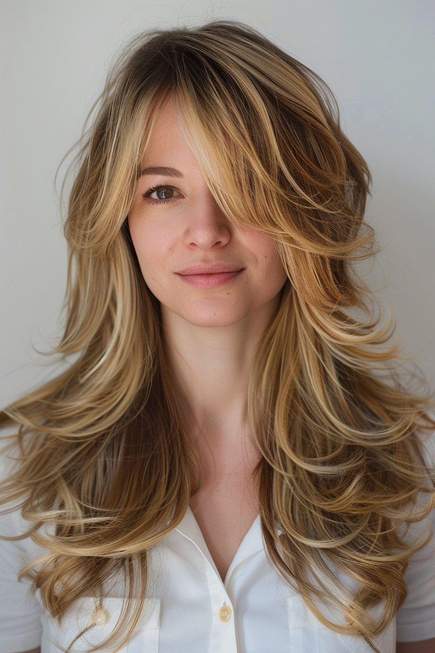 Layered haircut. Long layered cut with honey-blonde highlights.