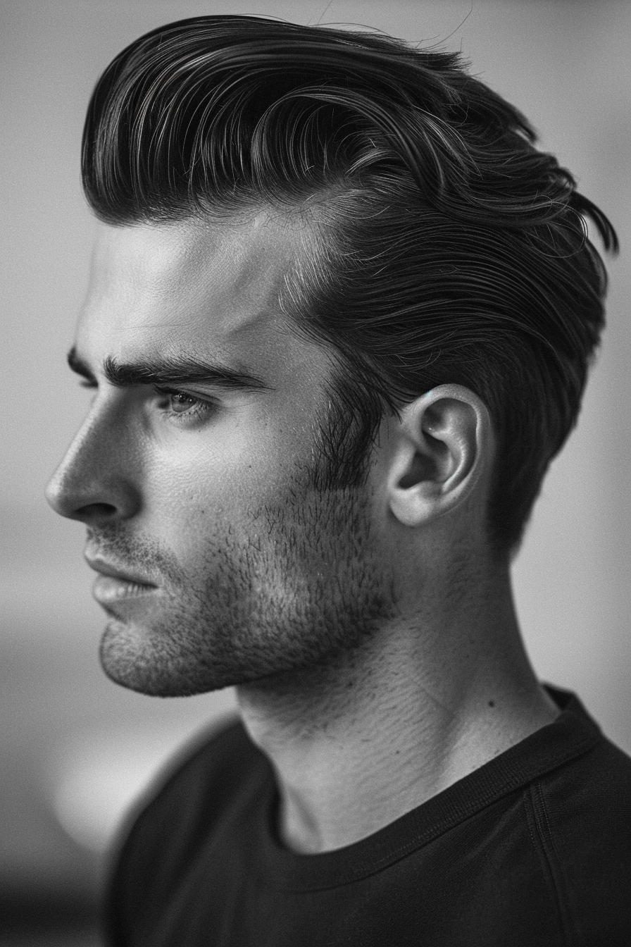 Low taper fade men hairstyle. Dark-hued slicked-back hair.