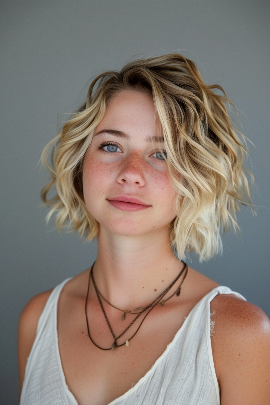 Short summer hairstyle. Curly, beach wave, blonde bob.