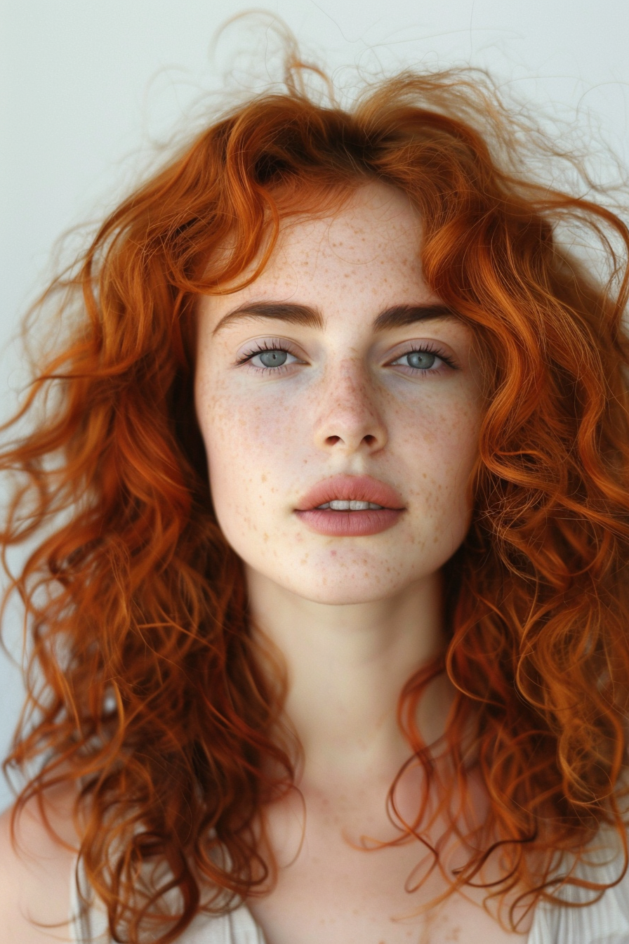 Auburn hair color woman hairstyle. Curly, shoulder length cut.