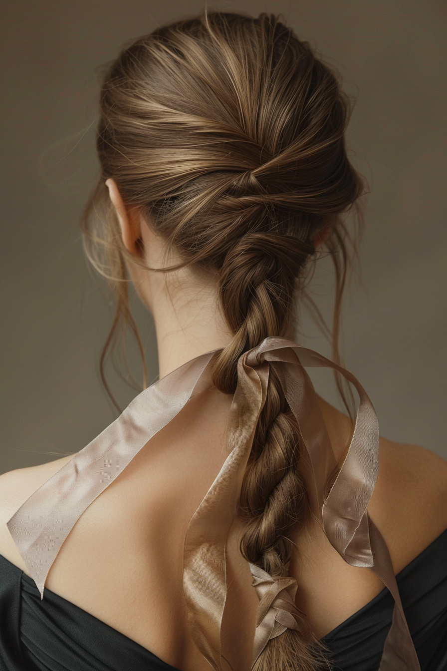 Woman's hairstyle. Elegant fishtail braid wrapped in flowing ribbon.