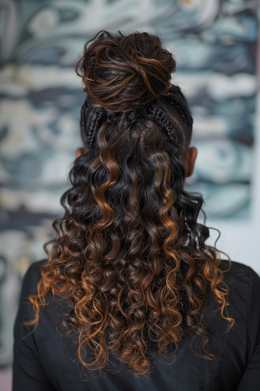 Half-up half-down weave hairstyle. Curls with a highlighted top knot.