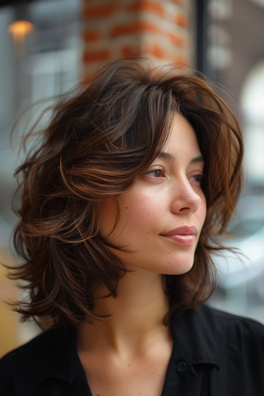 Layered haircut woman hairstyle. Oval face with caramel highlights.