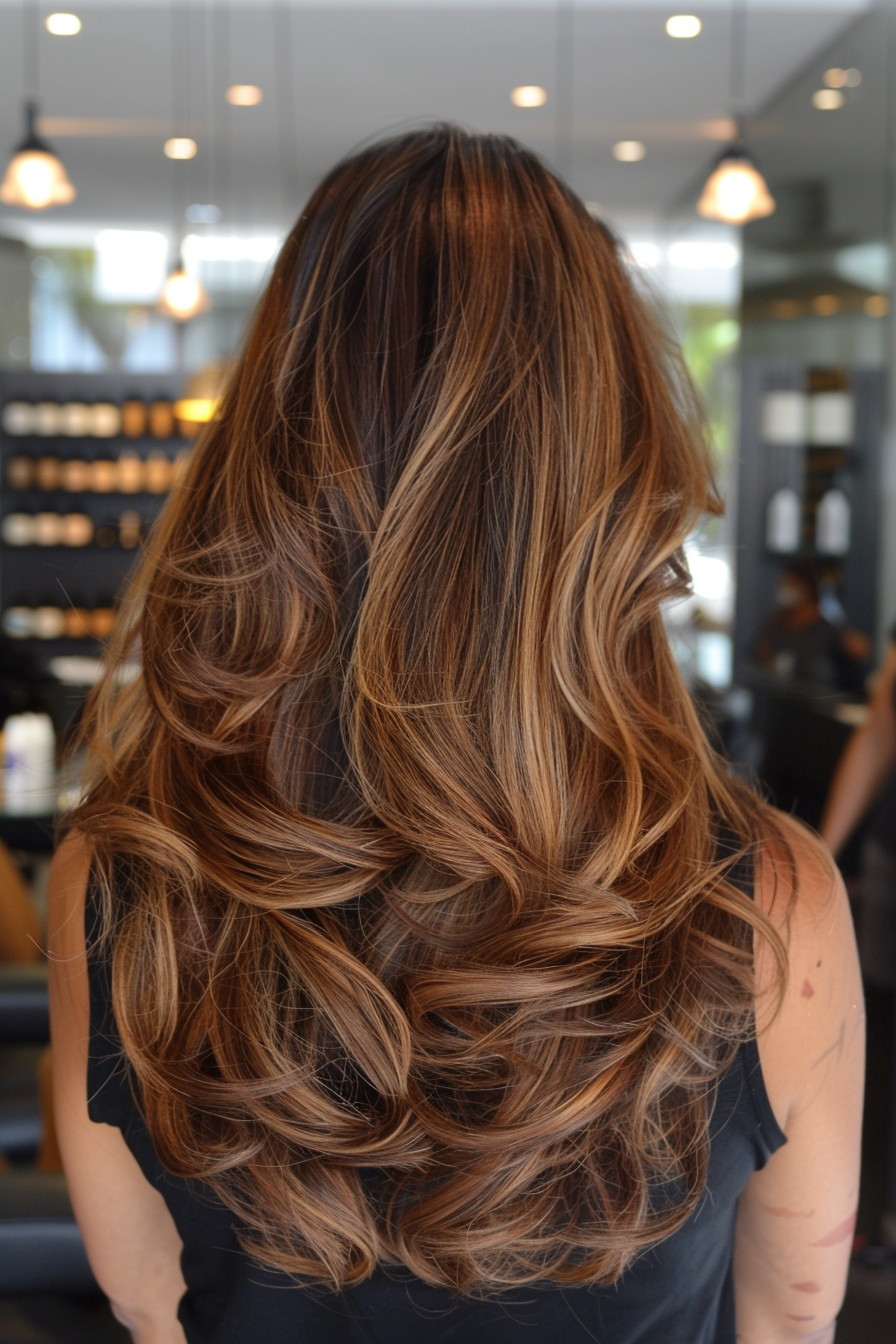 Balayage hairstyle. Caramel highlights on beach waves.