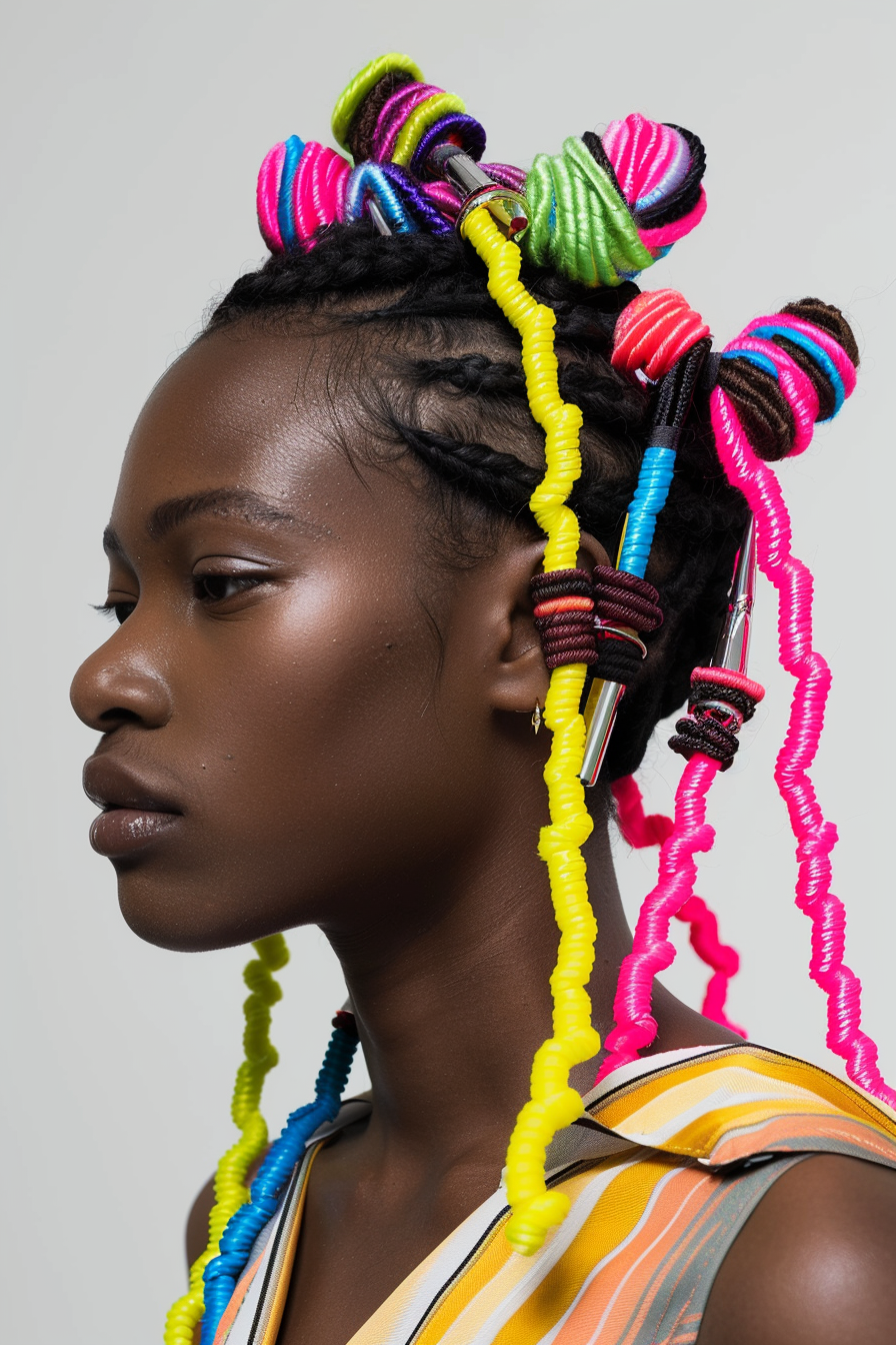 Two-Strand Twist hairstyle. Neon colored hair accessories.