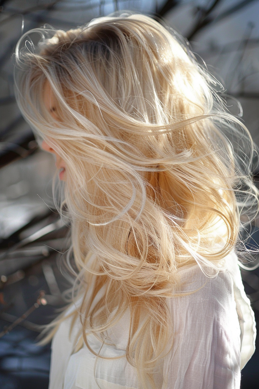 Balayage Hairstyle Trend. Sunshine blonde cascading soft waves.