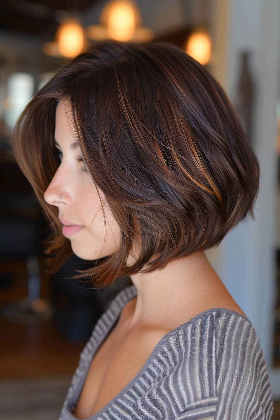 Summer bob hairstyle. Chocolate brown with light caramel highlights.