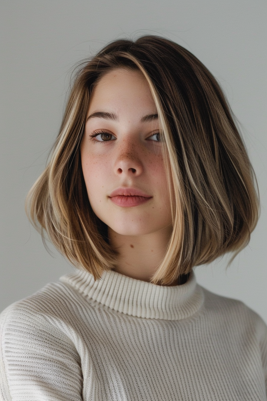 Money Piece Highlight Hairstyle. Blonde front streaks on brunette bob.