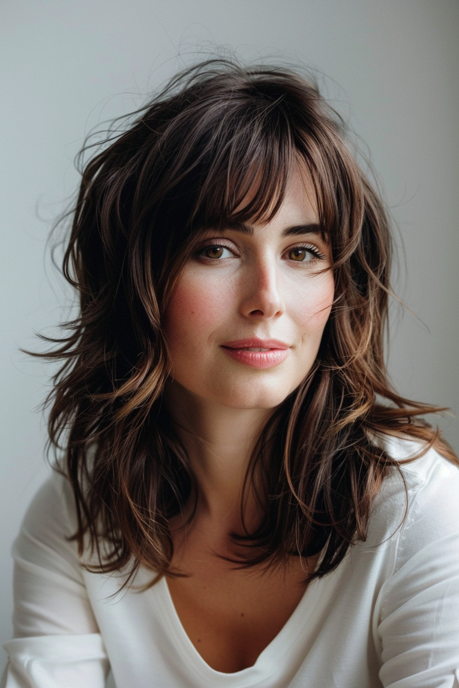 Layered haircut woman hairstyle. Medium length with curtain bangs.