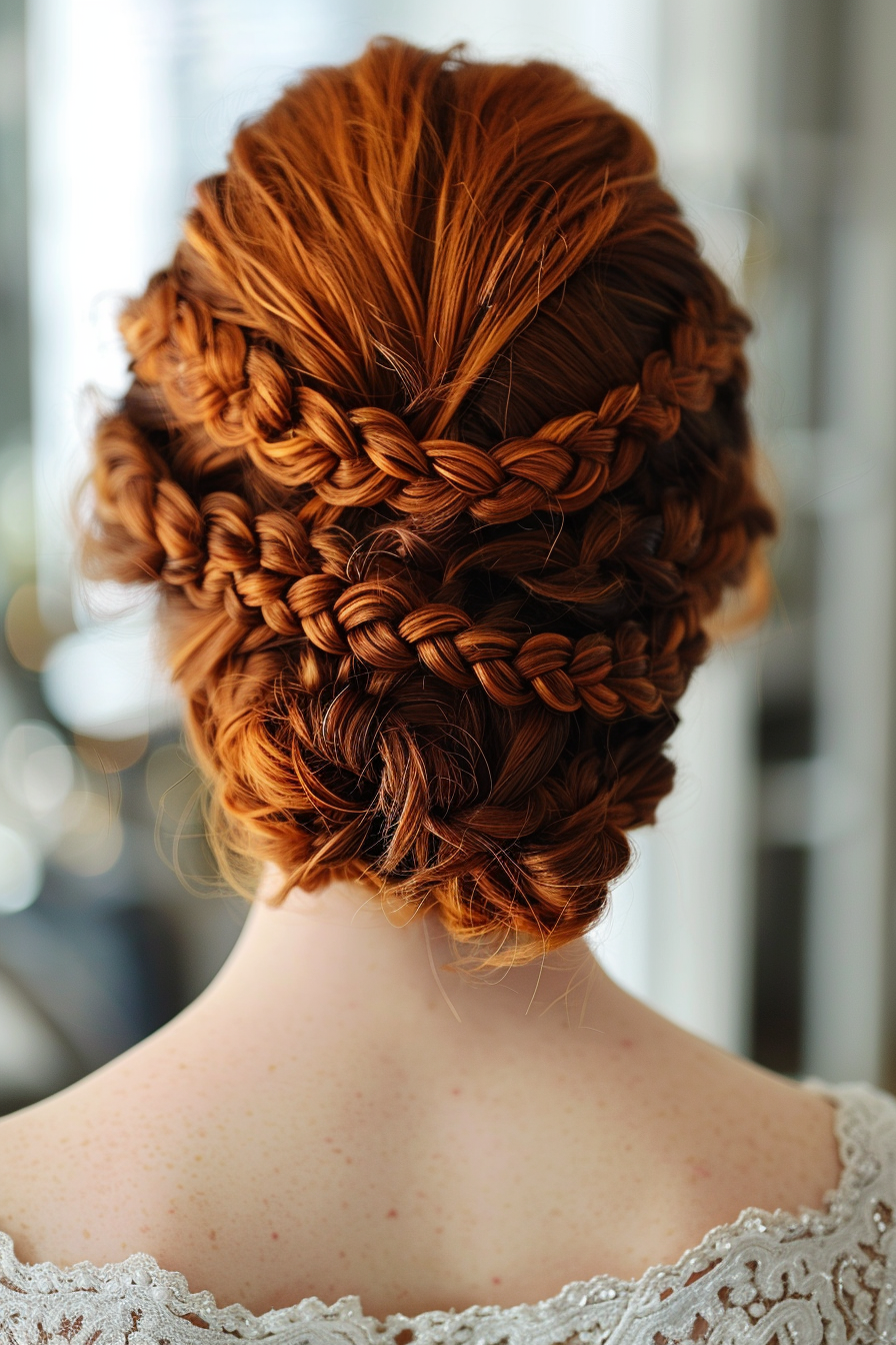 Woman's braided hairstyle. Intricate crown braid in auburn hair.