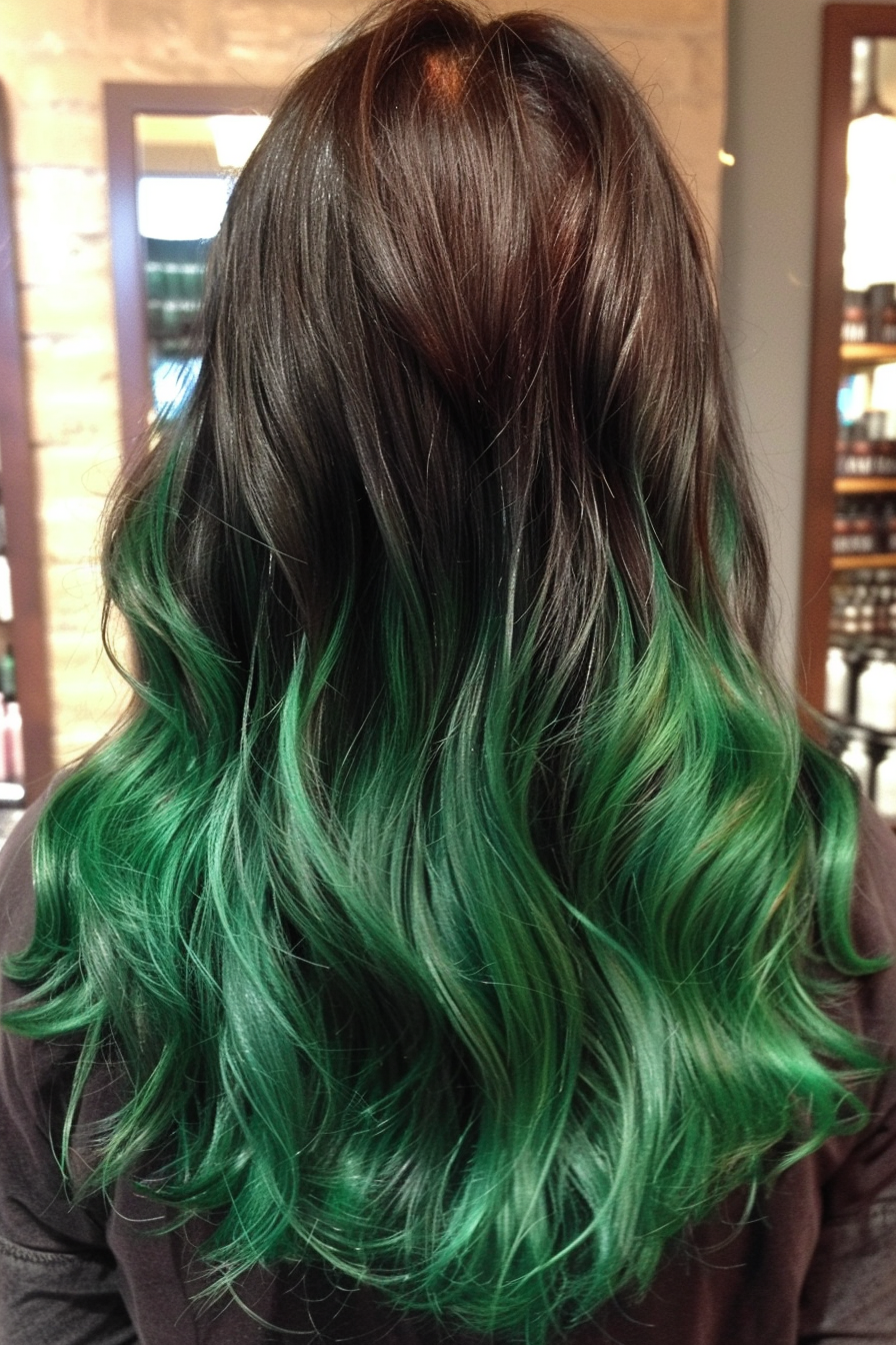 Green Ombre hairstyle. Straight locks transition from chestnut to fern green.