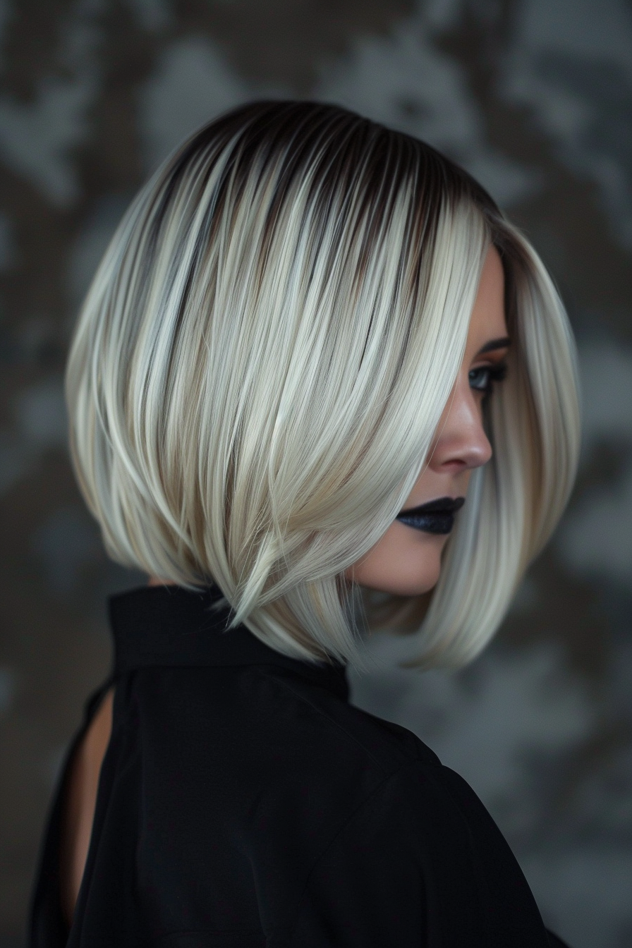 Money Piece Highlight hairstyle. Platinum blonde front streaks on dark brown bob.