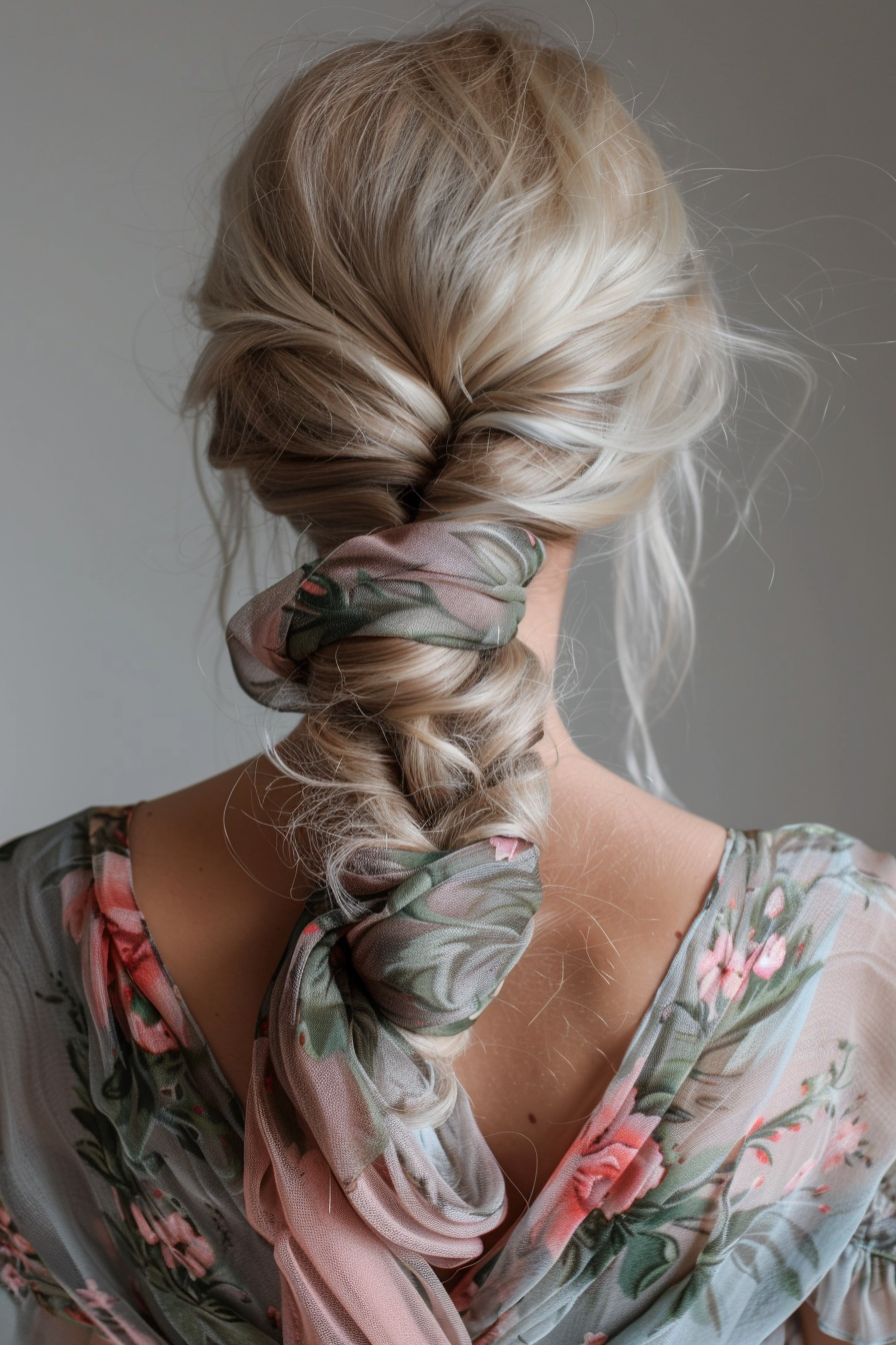 Woman hairstyle. Floral chiffon scarf in blonde comb twist hair.