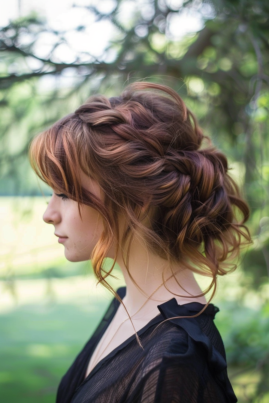 Long hairstyle trend for women. Braided side bun with auburn highlights.