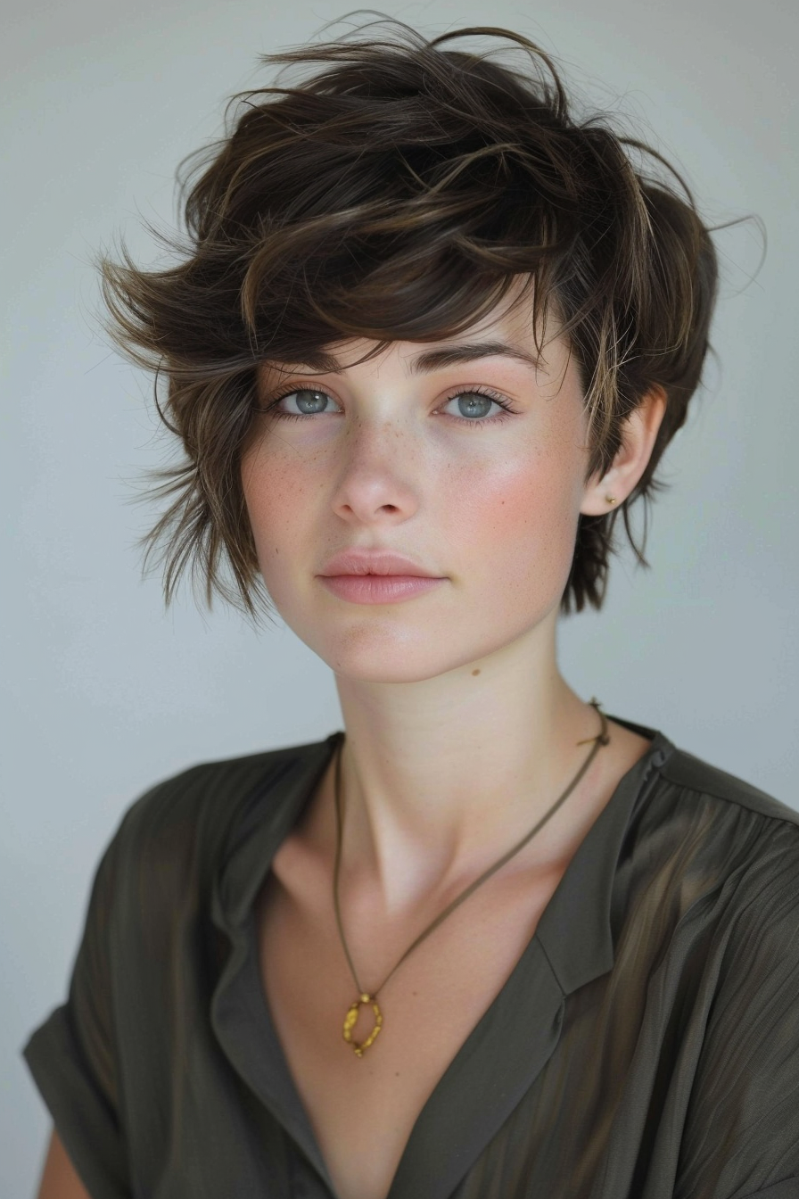 Woman short hairstyle. Layered wolf cut with light brown highlights.