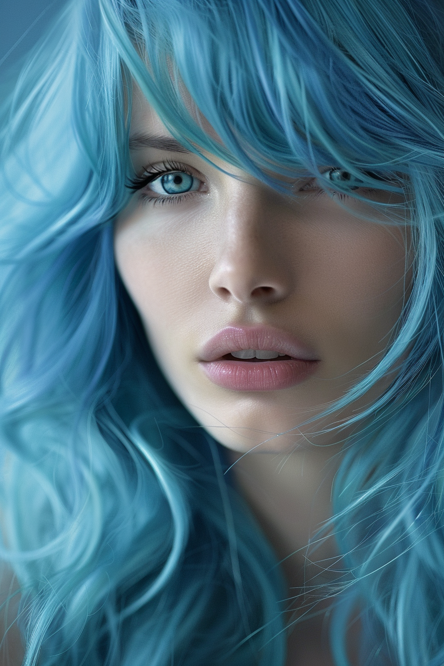 Blue hair color woman hairstyle. Long wavy locks with side bangs.