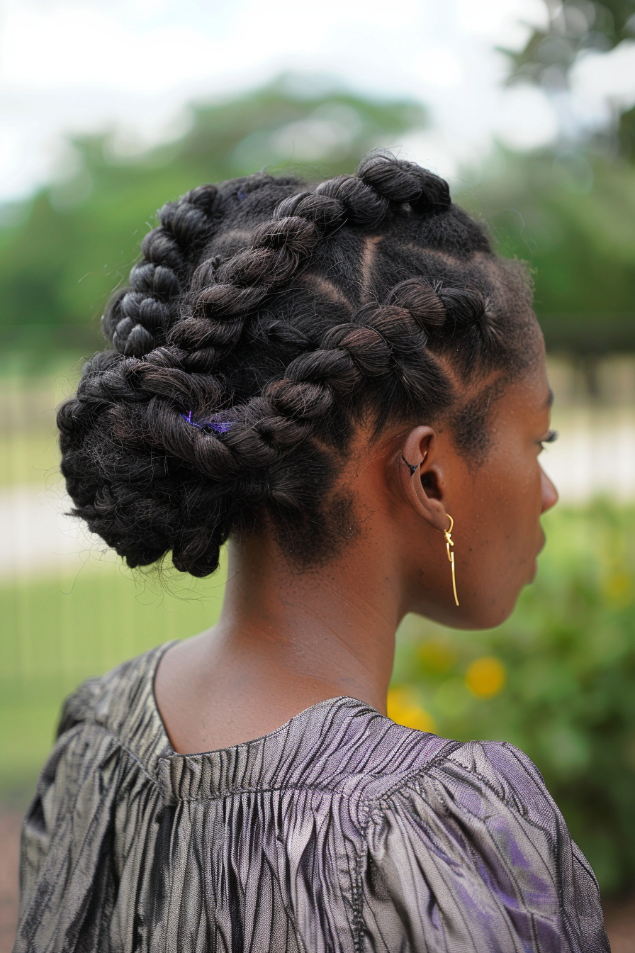 Two-strand twist hairstyle. Blue ribbon braided in raven hair.