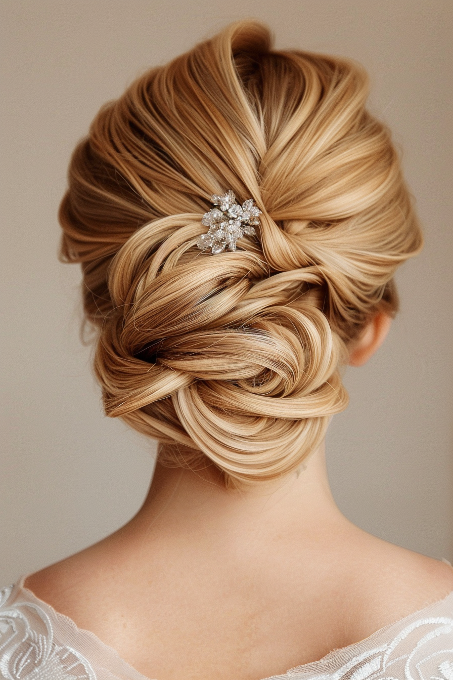 Woman hairstyle. Blonde comb twist updo with transparent hairpin.