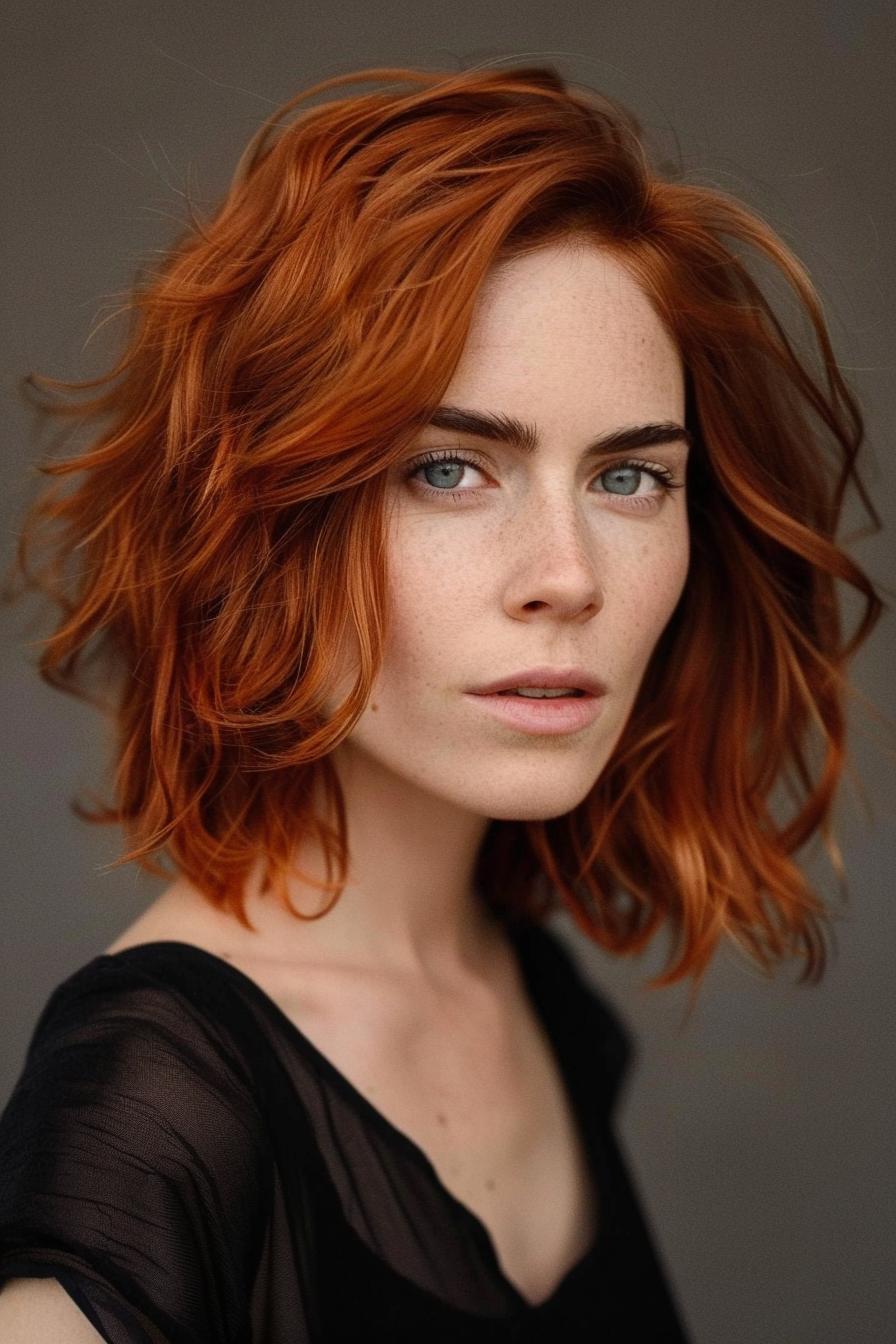 Short wavy hairstyle. Copper redhead shoulder-length hair with loose waves.