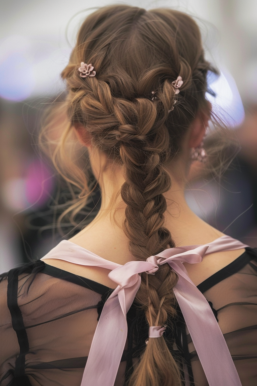 Long woman hairstyle trend. Waist-length French braid with ribbon details.