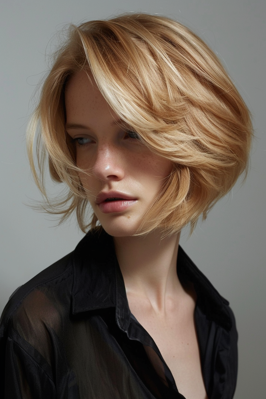 Summer bob hairstyle. Honey blonde layered cut at sharp angle.