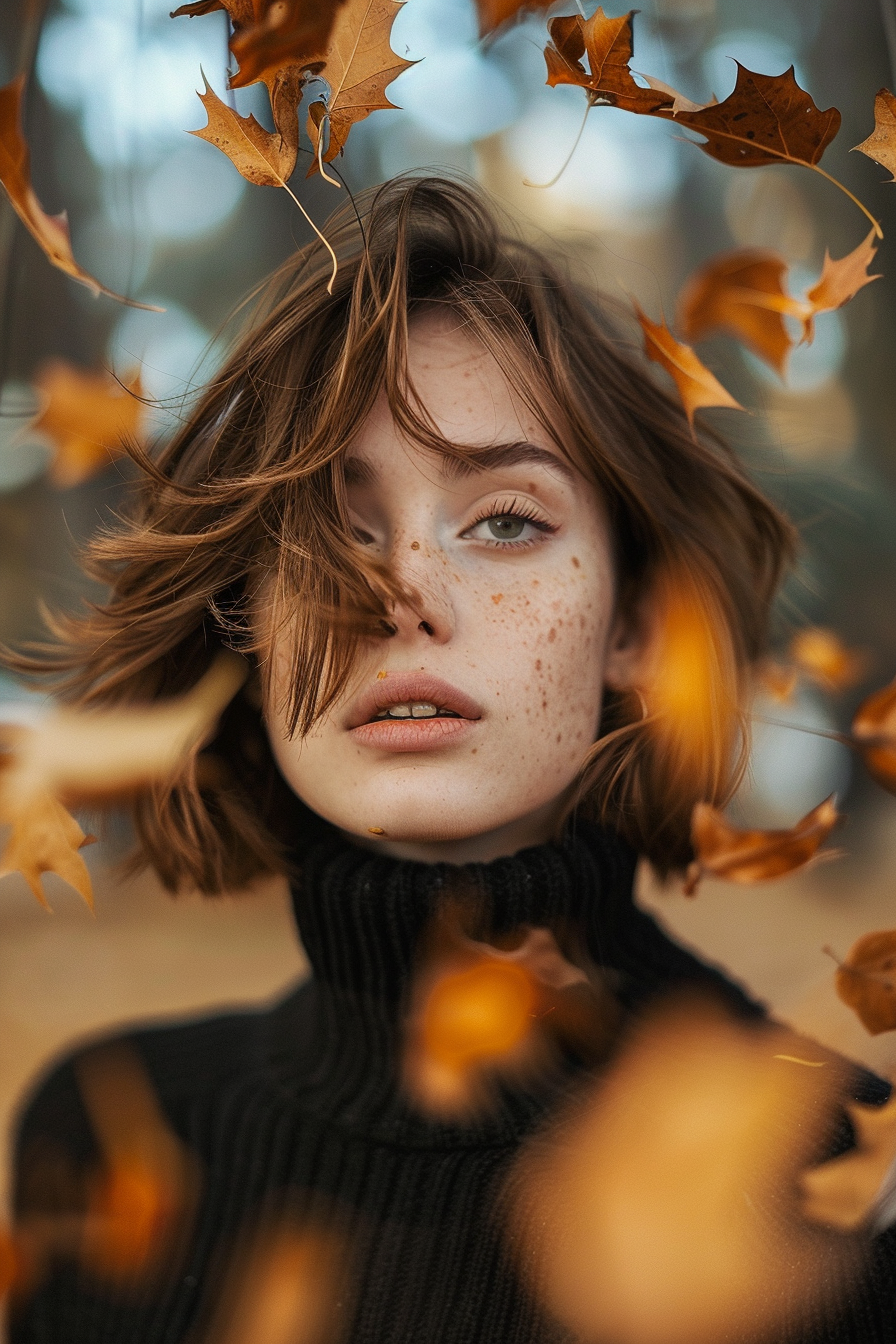 Front Layered Haircut. Woman surrounded by falling autumn leaves.