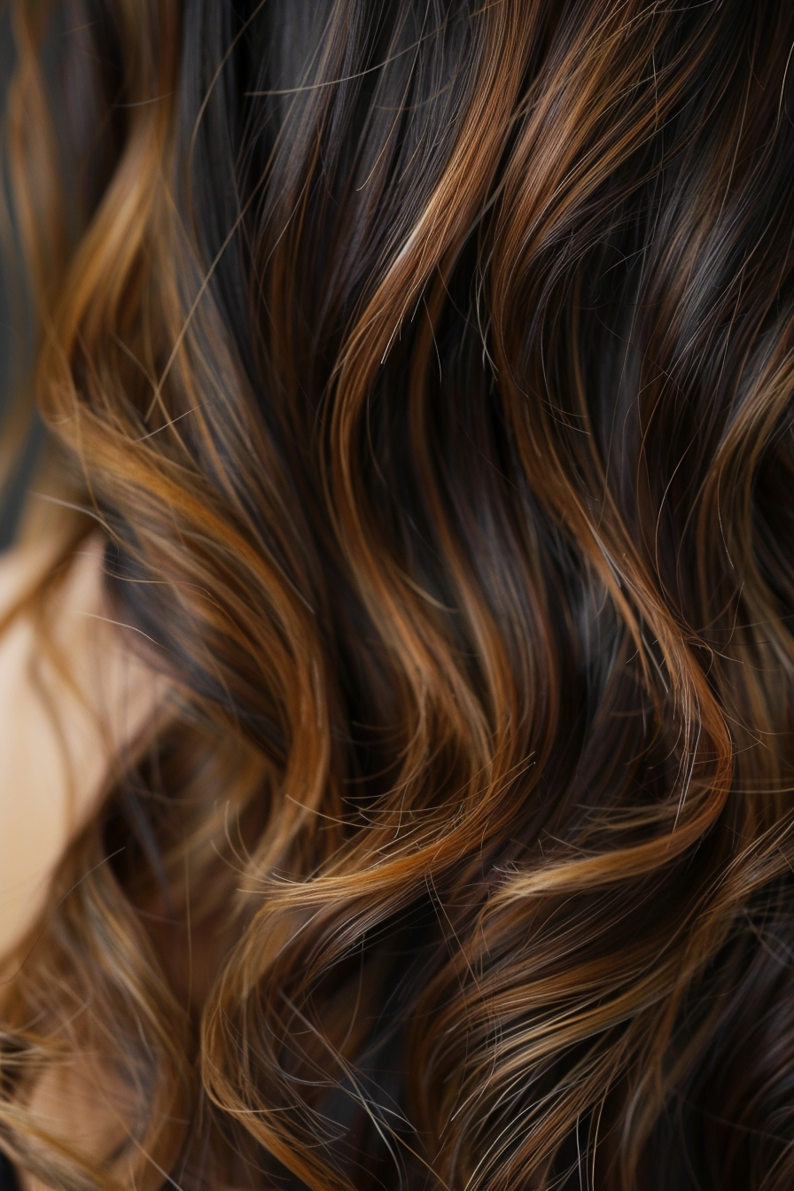 Summer hair color. Woman hairstyle. Soft honey highlights on brunette locks.