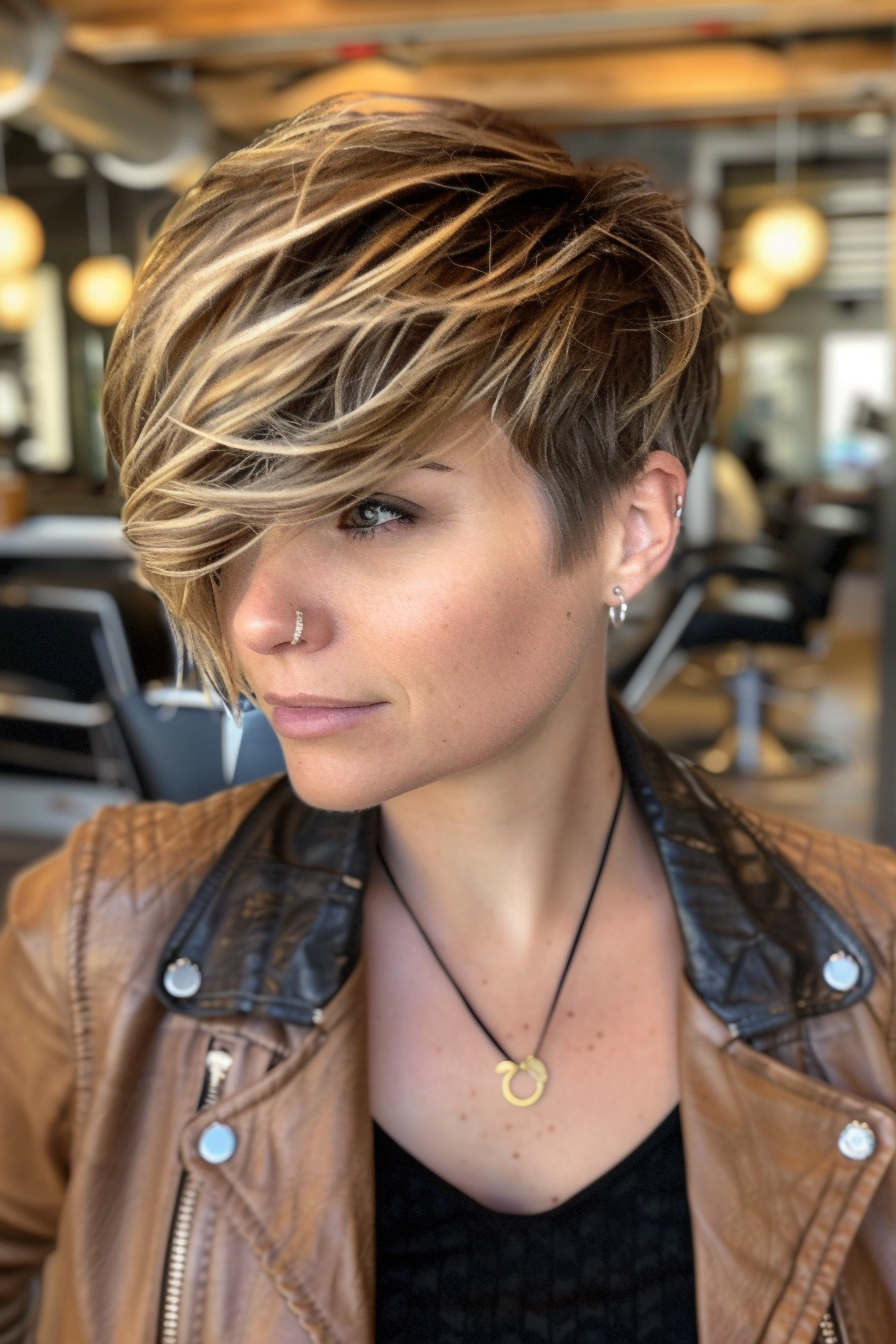 Money Piece Highlight Woman Hairstyle. Blonde front-piece highlights on a brunette pixie cut.