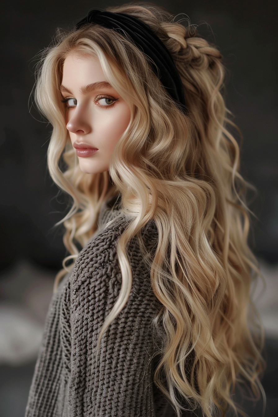 Long wavy hairstyle for women. Blonde curls with black velvet headband.