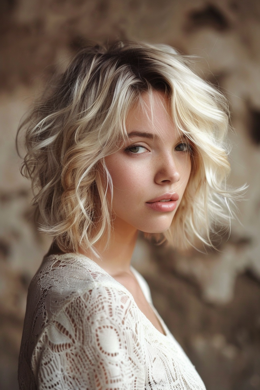 Short wavy hairstyle. Shoulder-length with bleach blonde highlights.