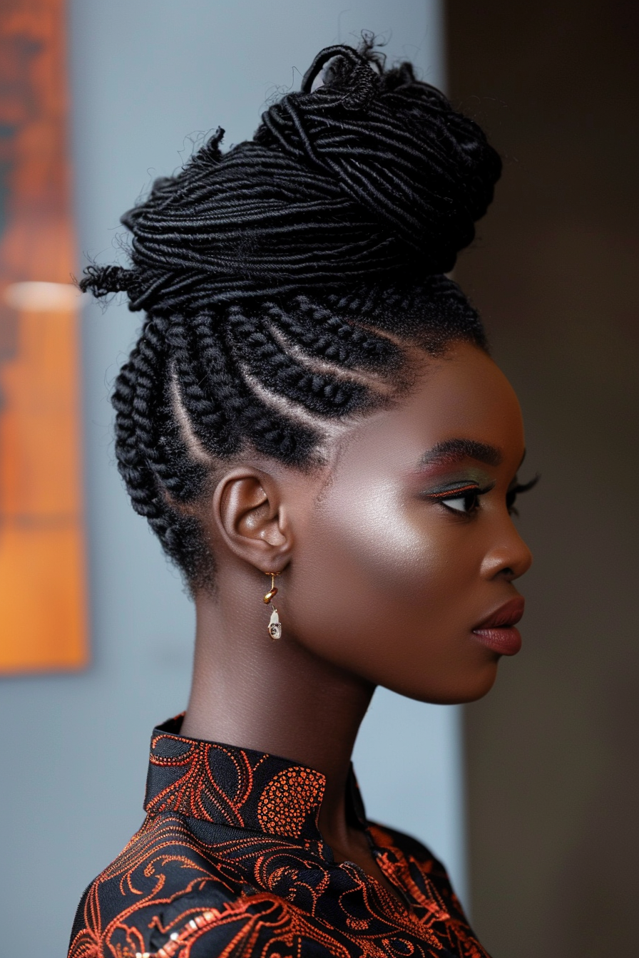 Woman hairstyle. High Bun With two-strand twists.