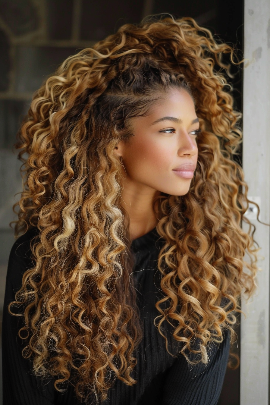 Half-up half-down weave hairstyle. Curly textured hair with honey blonde highlights.