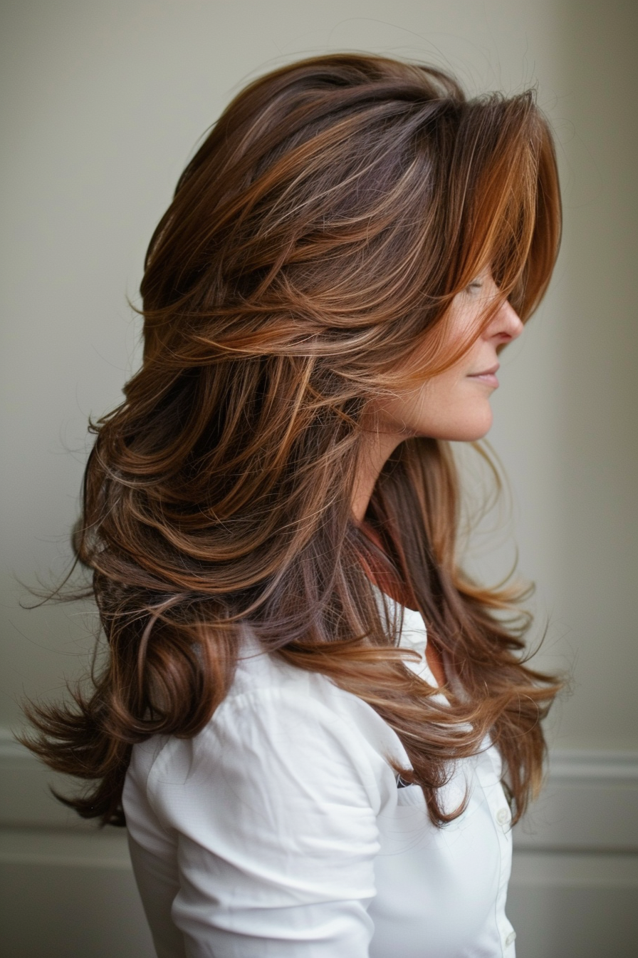 Layered haircut woman hairstyle. Voluminous caramel highlights.