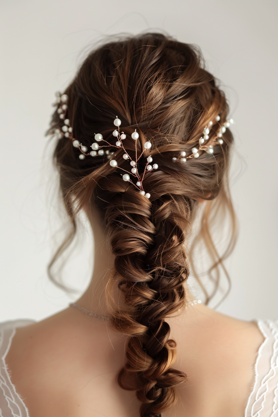 Woman hairstyle. Brunette hair in fishtail braid with pearl accessories.