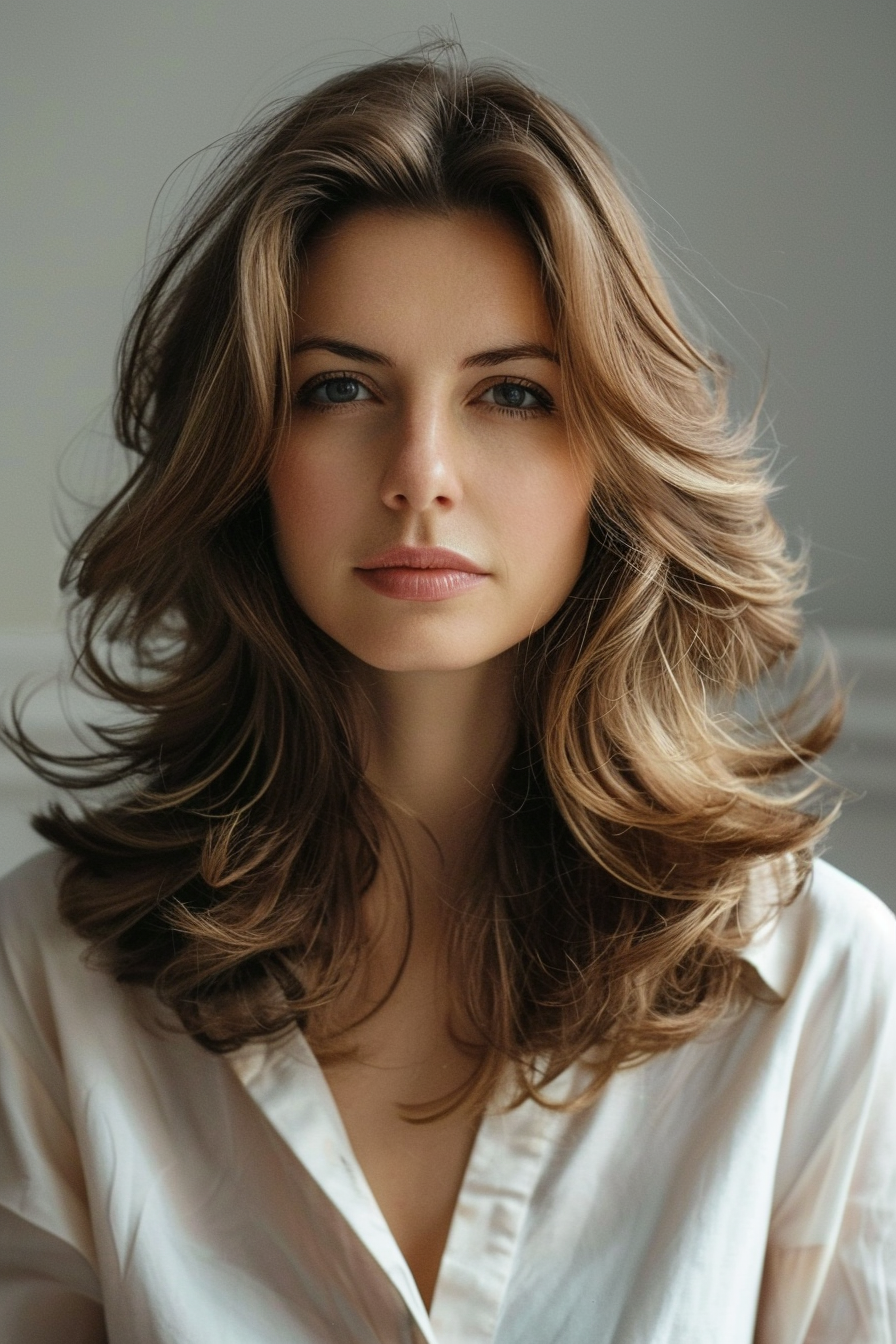 Layered Haircut Woman Hairstyle. Voluminous chest-length hair with soft wavy layers.