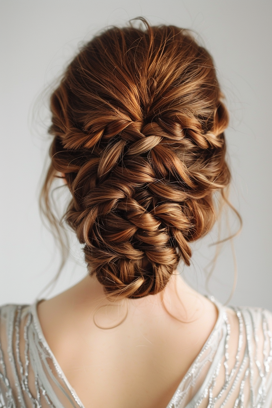 Woman hairstyle. Intricate fishtail braided bun.