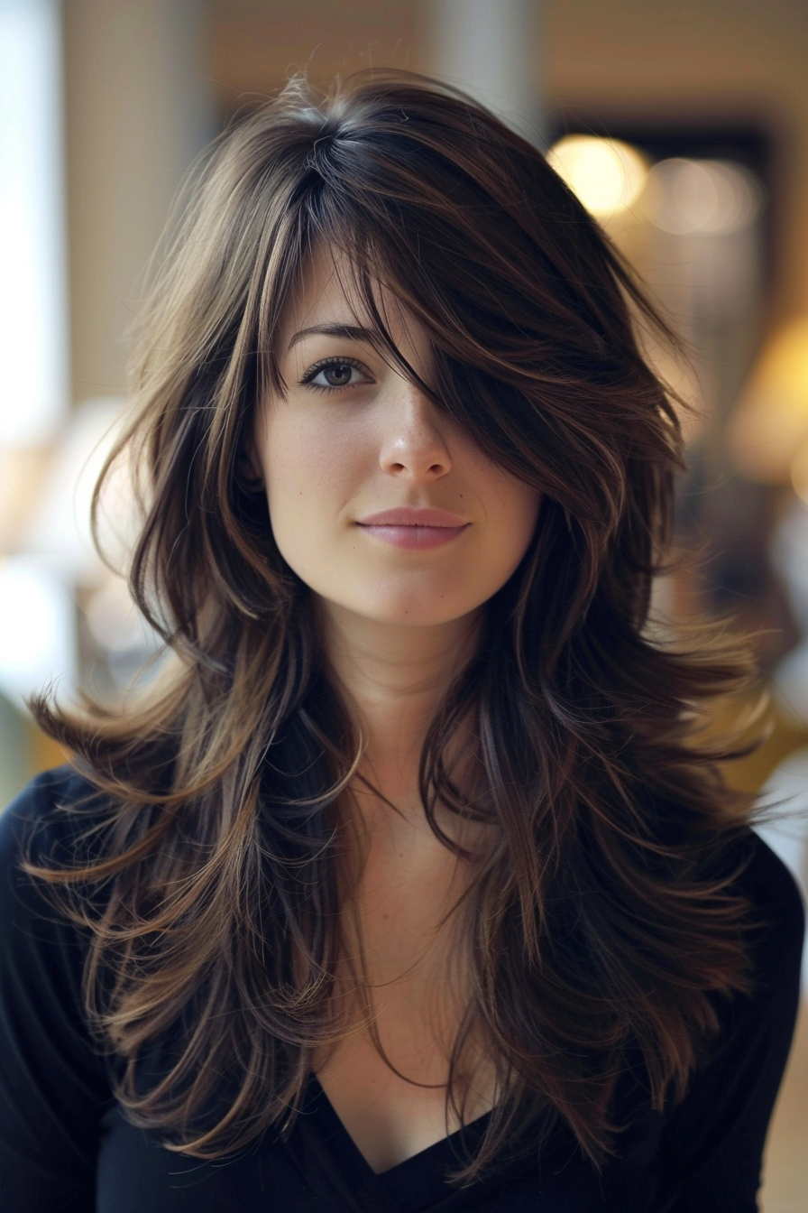 Layered haircut woman hairstyle. Long hair with feathered layers and side bangs.