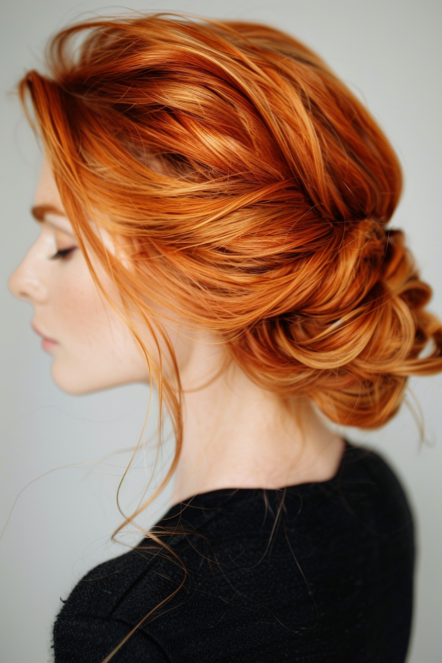 Woman hairstyle. Comb twist with copper hair color highlights.