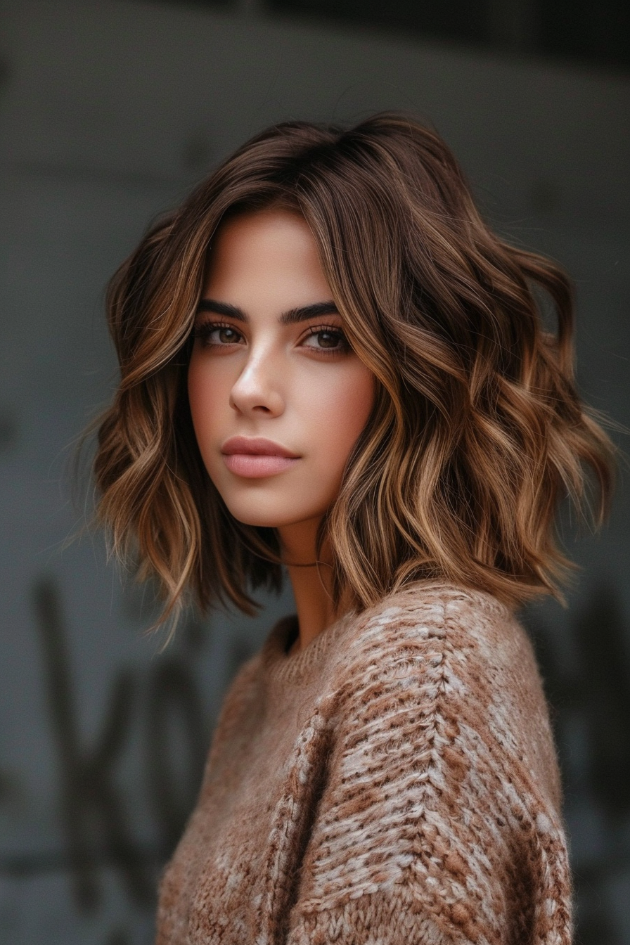 Short wavy woman hairstyle. A caramel-colored lob with high volume.