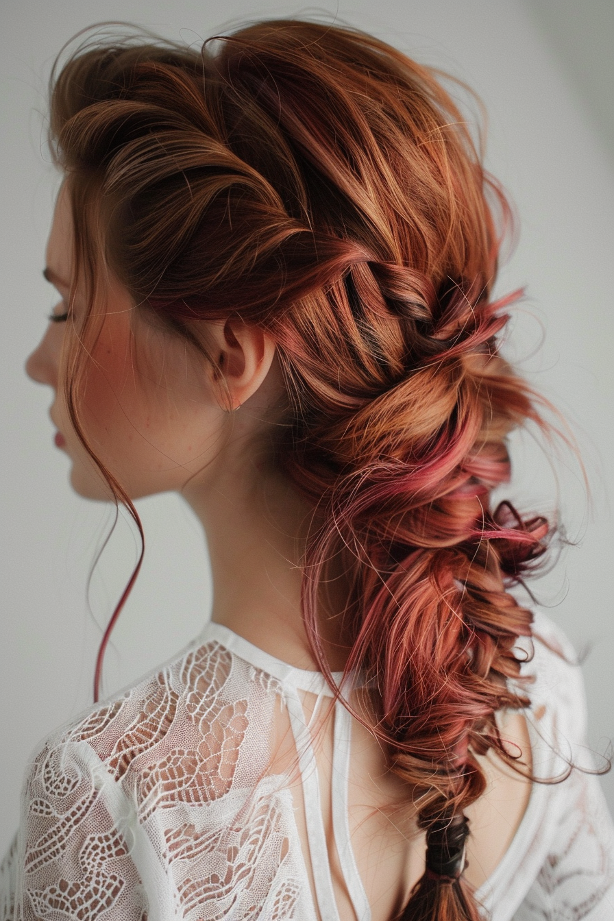 Woman hairstyle. Side fishtail braid with burgundy highlights.