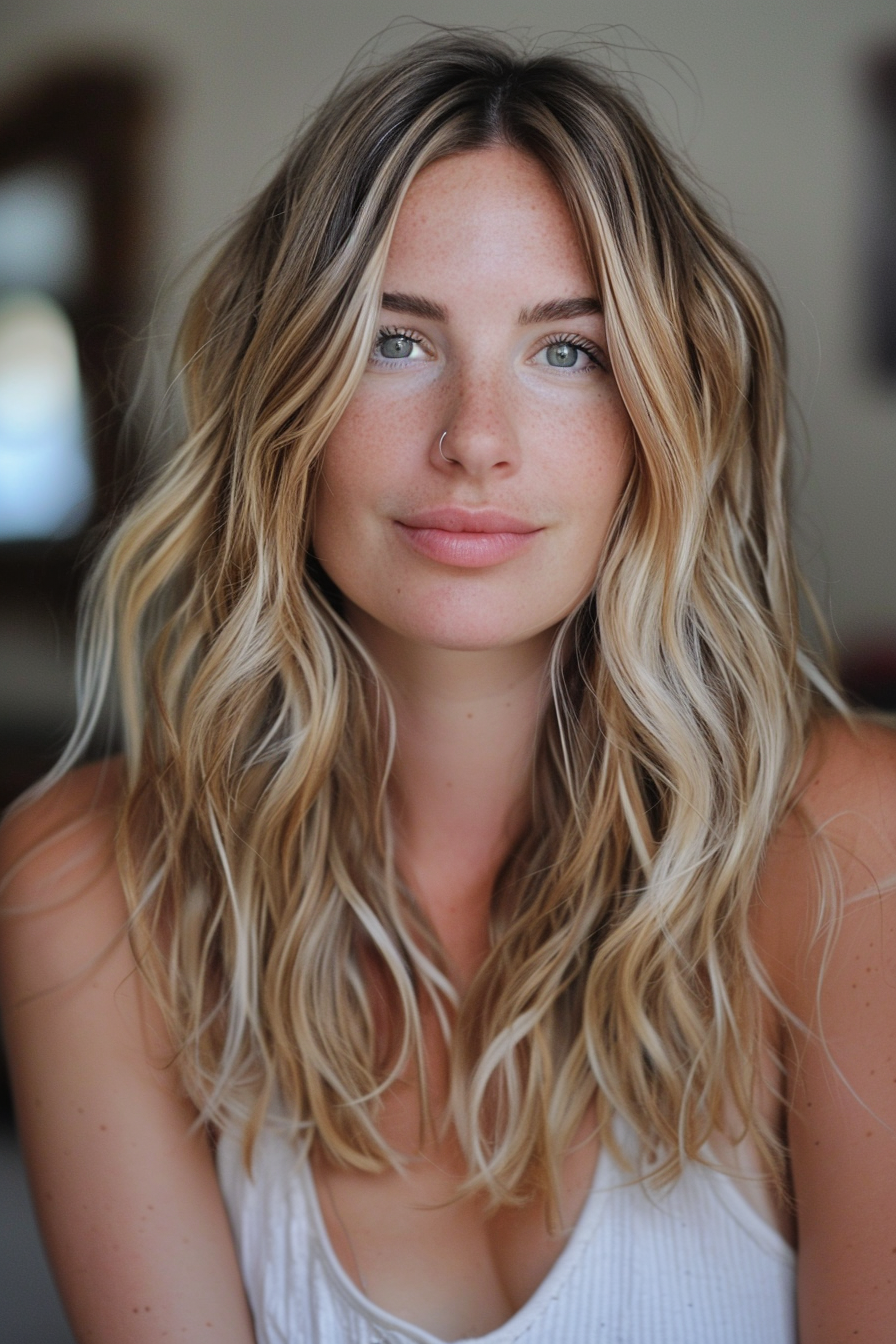 Natural Dirty Blonde Hair Woman Hairstyle. Beach waves with a middle part.