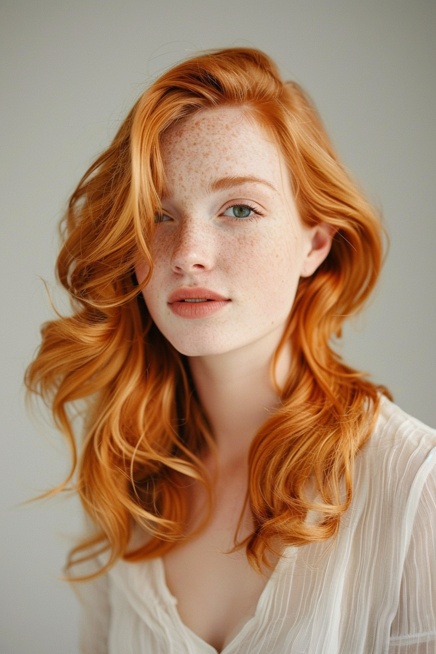 Strawberry blonde hair woman hairstyle. Loose, tousled curls with side parting.