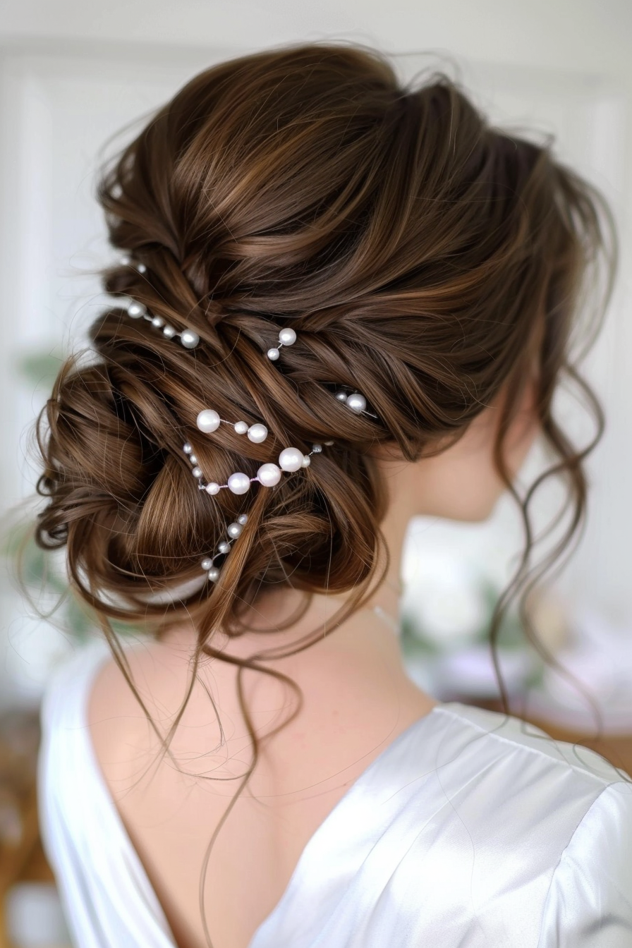 Prom updo hairstyle. Brunette. Long, twisted bun decorated with pearls.