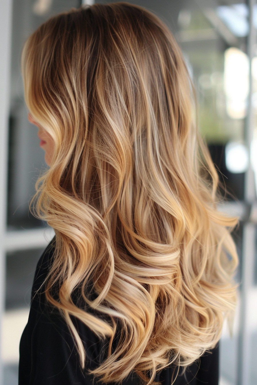 Summer hair color woman hairstyle. Sun-kissed balayage in golden blonde.