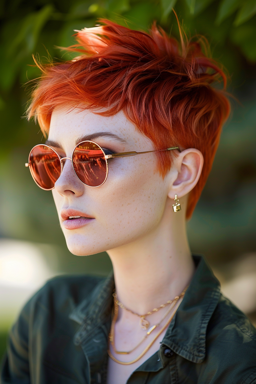 Summer hairstyle. Bright blazing red Pixie Cut for women.