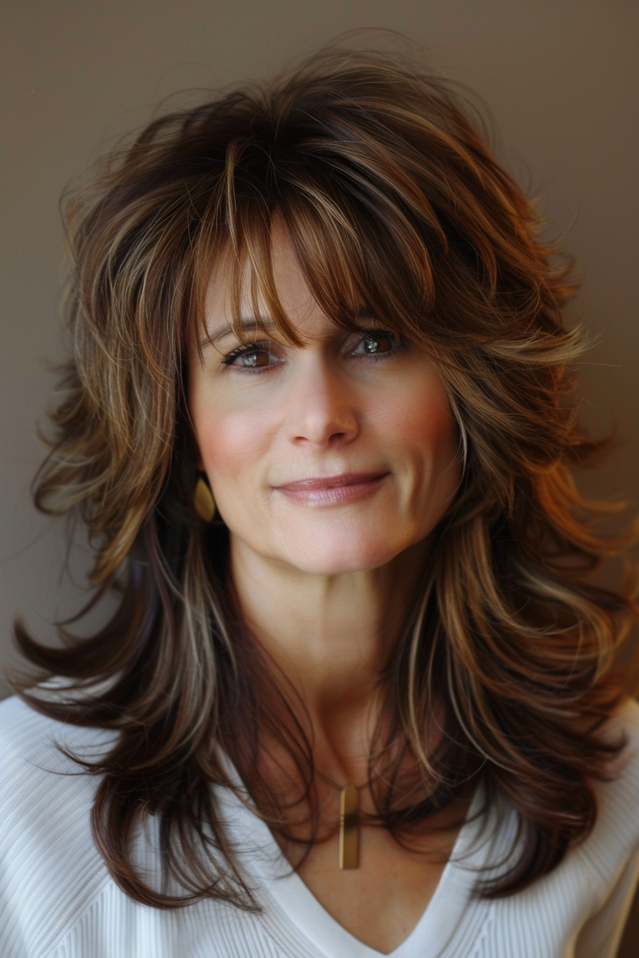 Layered haircut woman hairstyle. Voluminous feathered bangs with warm caramel highlights.